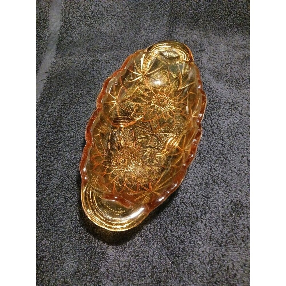 Vintage Indiana Glass Amber Carnival Floral Oval Dish Lily Pad Design